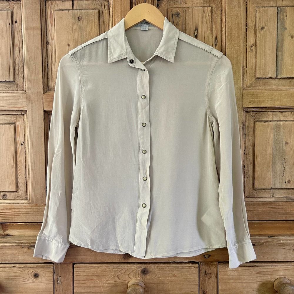 AllSaints Cream Rivet Shirt Button Front Blouse Silk Blend Collared US‎ 0 UK 4